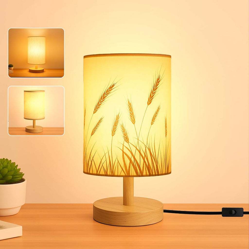 Small Bedside Table Lamp Plug-in - Classic Wood Base with Flaxen Fabric Shade. Lamps for Night Stands