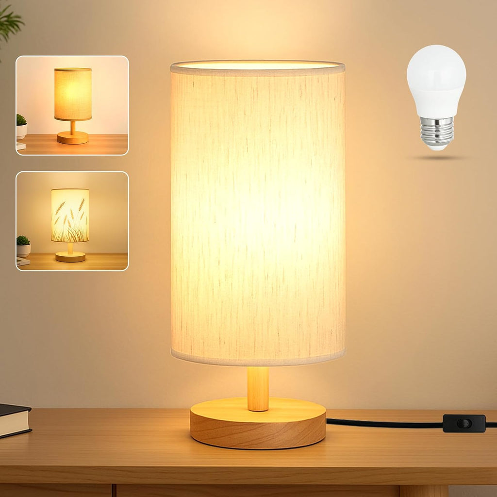 Small Bedside Table Lamp Plug-in - Classic Wood Base with Flaxen Fabric Shade. Lamps for Night Stands