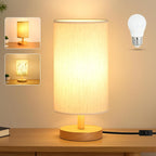 Small Bedside Table Lamp Plug-in - Classic Wood Base with Flaxen Fabric Shade. Lamps for Night Stands