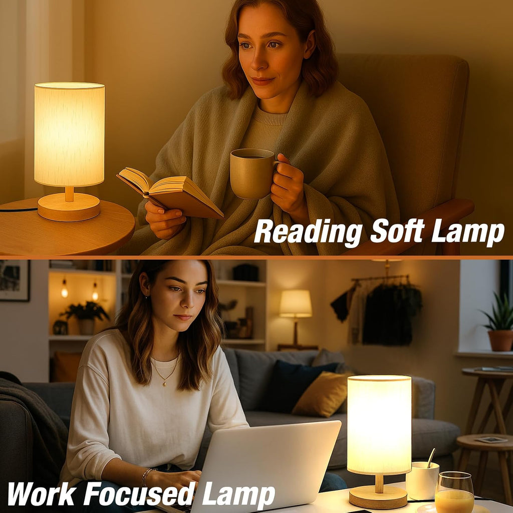 Small Bedside Table Lamp Plug-in - Classic Wood Base with Flaxen Fabric Shade. Lamps for Night Stands