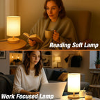 Small Bedside Table Lamp Plug-in - Classic Wood Base with Flaxen Fabric Shade. Lamps for Night Stands