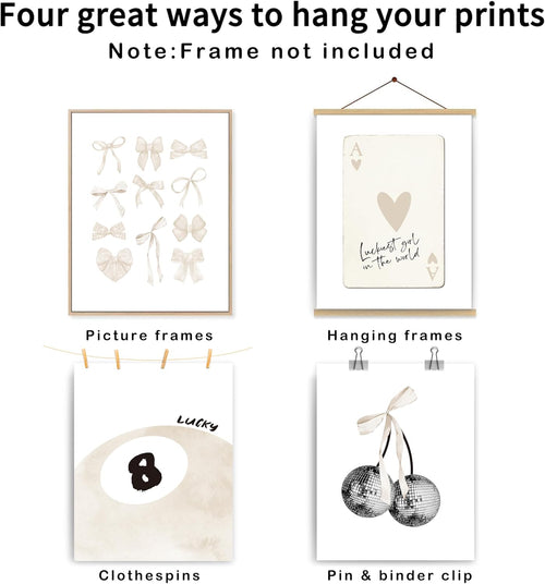 Beige Coquette Trendy Preppy Wall Art Prints Set of 4. Coquette Room Decor. Preppy Room Decor Aesthetic. Beige Bow Disco 8 Ball Cherry Wall Decor Posters for
