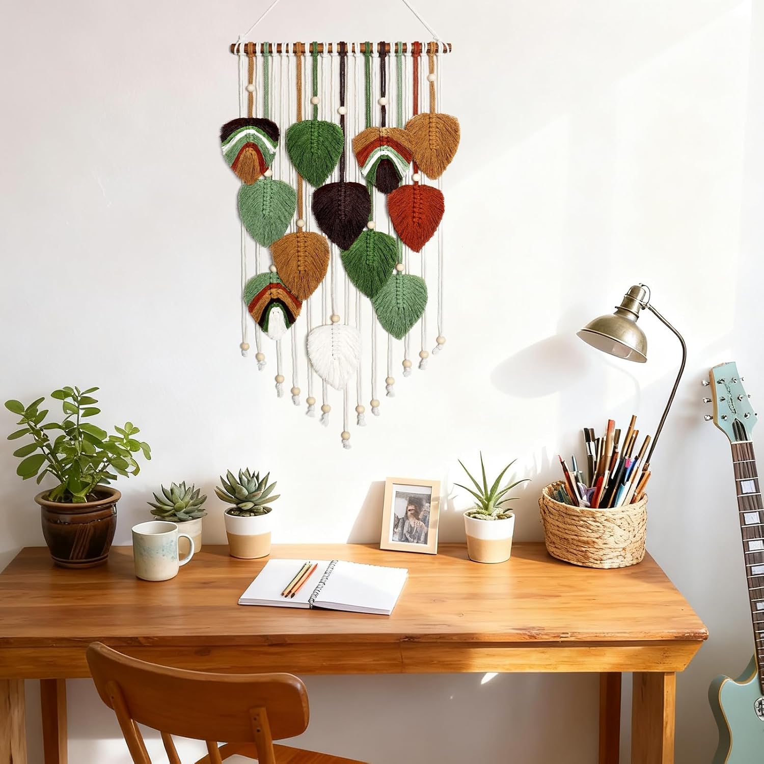 Macrame Wall Hanging Boho Woven Tapestry Macrame Wall Art Decor | Handmade Modern Bohemian Leaf Feather Tapestry Wall Art Decor for Bedroom