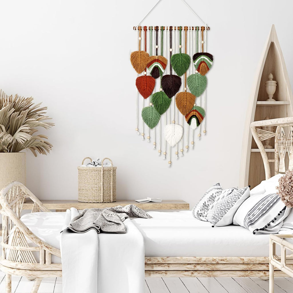 Macrame Wall Hanging Boho Woven Tapestry Macrame Wall Art Decor | Handmade Modern Bohemian Leaf Feather Tapestry Wall Art Decor for Bedroom