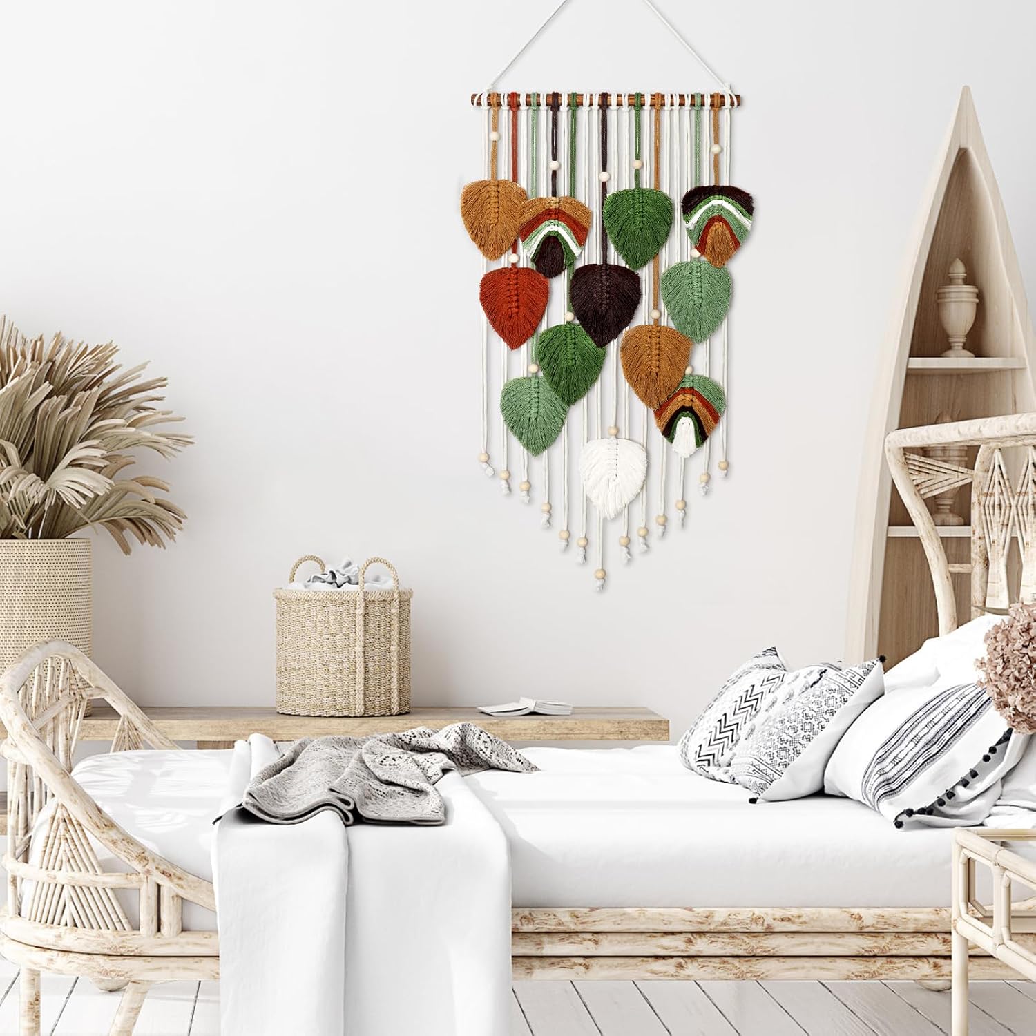 Macrame Wall Hanging Boho Woven Tapestry Macrame Wall Art Decor | Handmade Modern Bohemian Leaf Feather Tapestry Wall Art Decor for Bedroom