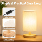 Small Bedside Table Lamp Plug-in - Classic Wood Base with Flaxen Fabric Shade. Lamps for Night Stands