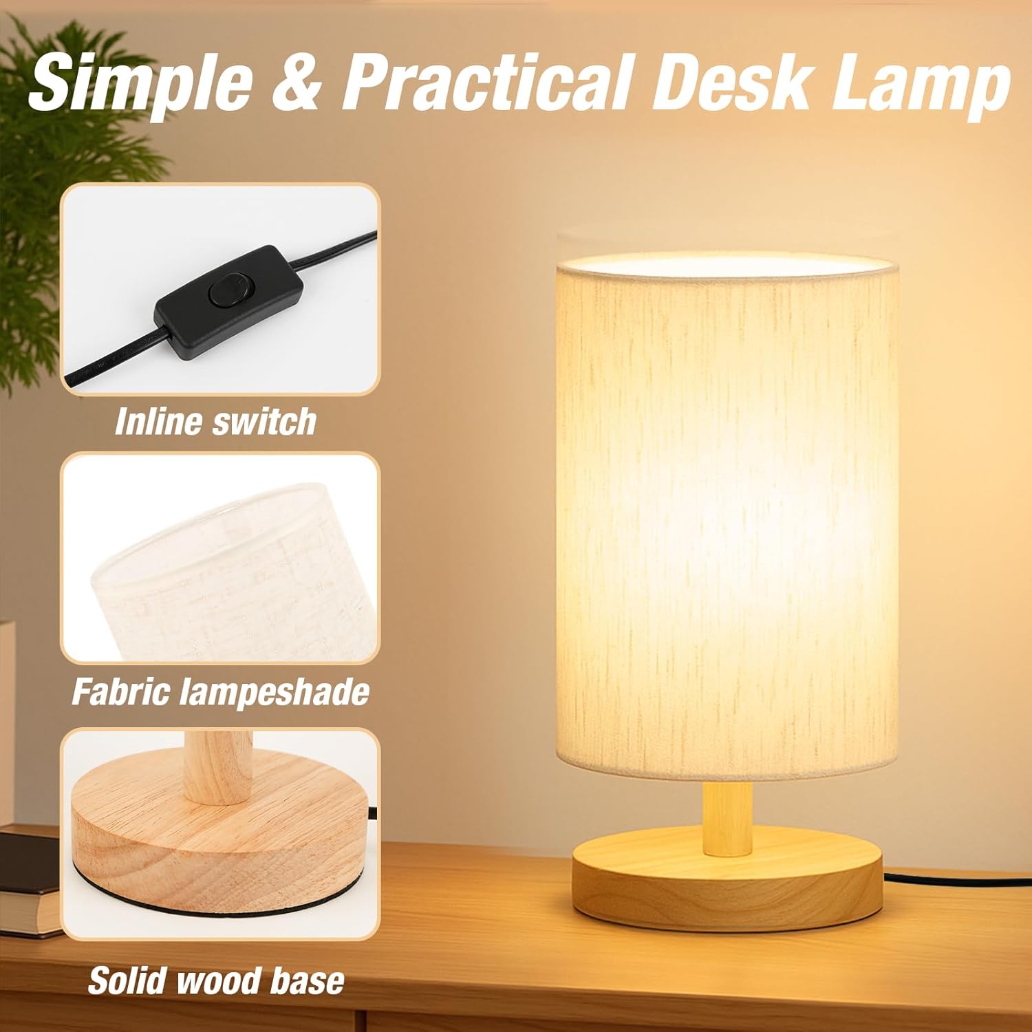 Small Bedside Table Lamp Plug-in - Classic Wood Base with Flaxen Fabric Shade. Lamps for Night Stands
