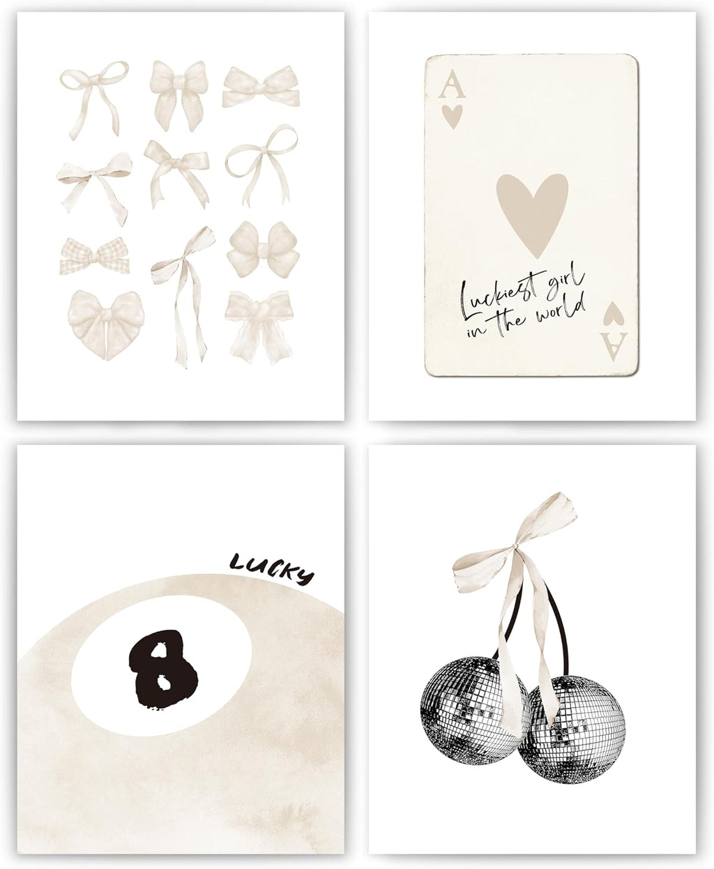 Beige Coquette Trendy Preppy Wall Art Prints Set of 4. Coquette Room Decor. Preppy Room Decor Aesthetic. Beige Bow Disco 8 Ball Cherry Wall Decor Posters for