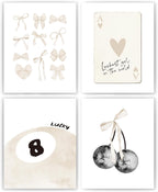 Beige Coquette Trendy Preppy Wall Art Prints Set of 4. Coquette Room Decor. Preppy Room Decor Aesthetic. Beige Bow Disco 8 Ball Cherry Wall Decor Posters for