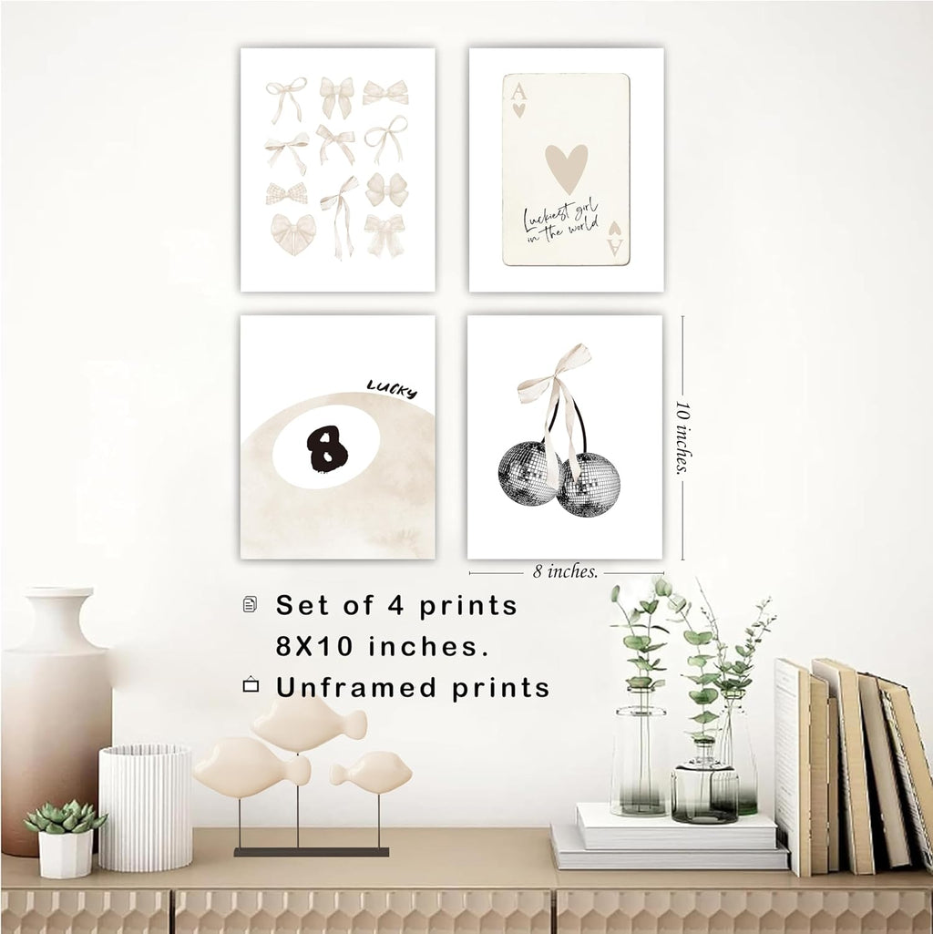 Beige Coquette Trendy Preppy Wall Art Prints Set of 4. Coquette Room Decor. Preppy Room Decor Aesthetic. Beige Bow Disco 8 Ball Cherry Wall Decor Posters for
