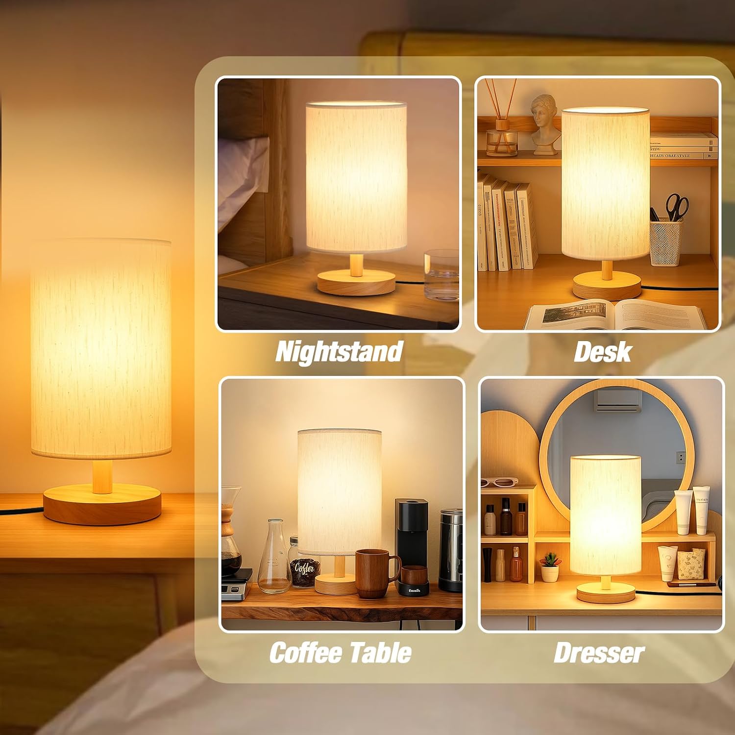 Small Bedside Table Lamp Plug-in - Classic Wood Base with Flaxen Fabric Shade. Lamps for Night Stands