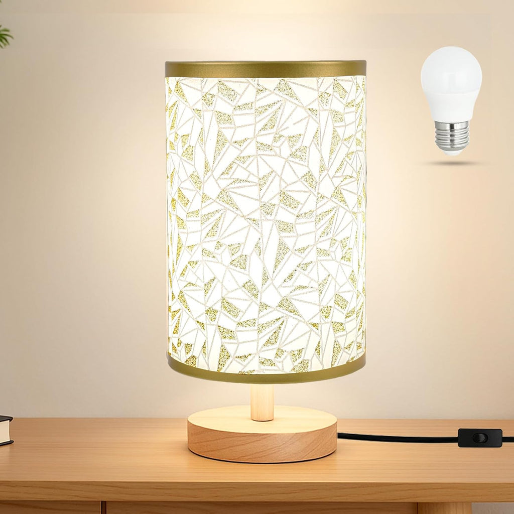 Small Bedside Table Lamp Plug-in - Classic Wood Base with Flaxen Fabric Shade. Lamps for Night Stands