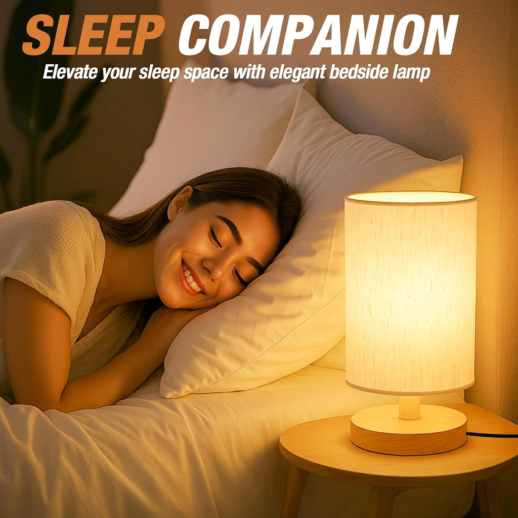 Small Bedside Table Lamp Plug-in - Classic Wood Base with Flaxen Fabric Shade. Lamps for Night Stands