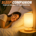 Small Bedside Table Lamp Plug-in - Classic Wood Base with Flaxen Fabric Shade. Lamps for Night Stands