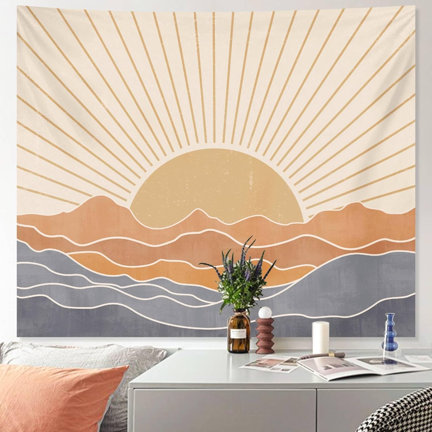 Sun Bohemian Wall Hanging Classroom Decor | Large Sunset Vintage 70s Tapestries Art Dorm Room Decor