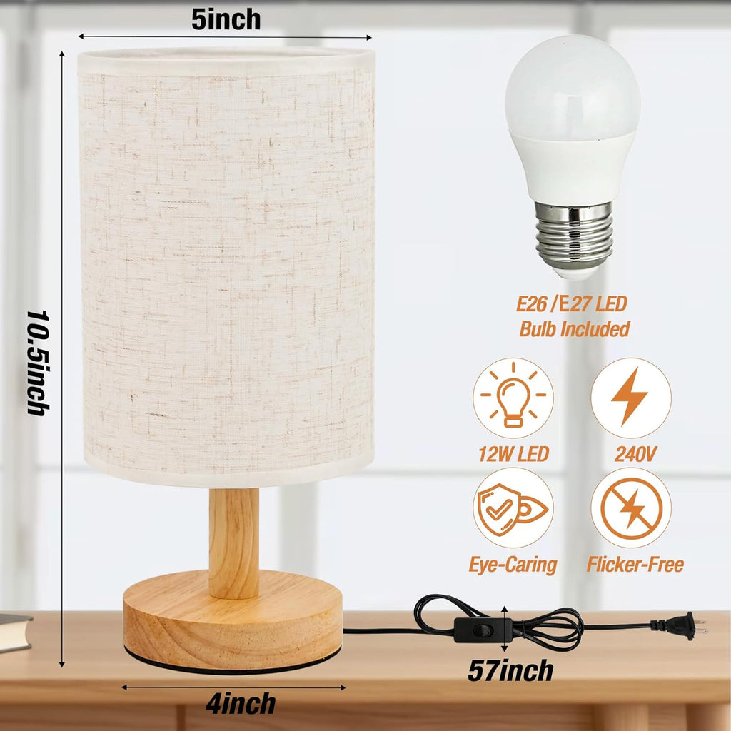 Small Bedside Table Lamp Plug-in - Classic Wood Base with Flaxen Fabric Shade. Lamps for Night Stands