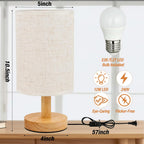 Small Bedside Table Lamp Plug-in - Classic Wood Base with Flaxen Fabric Shade. Lamps for Night Stands
