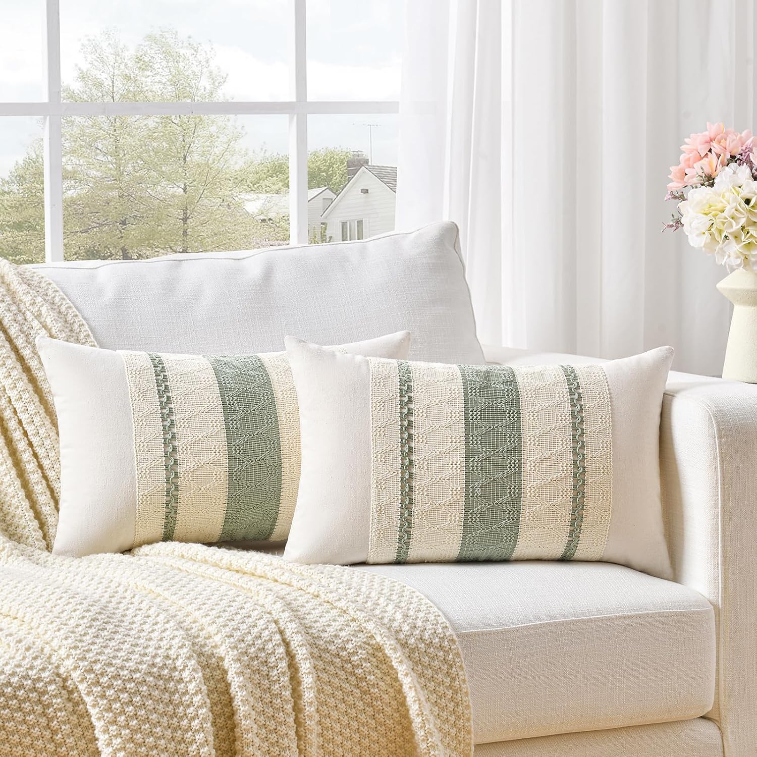 Set of 1 Sage Green Boho Lumbar Decorative Throw Pillow Covers 12x20 Inch for Living Room Bedroom Couch Bed Chair
