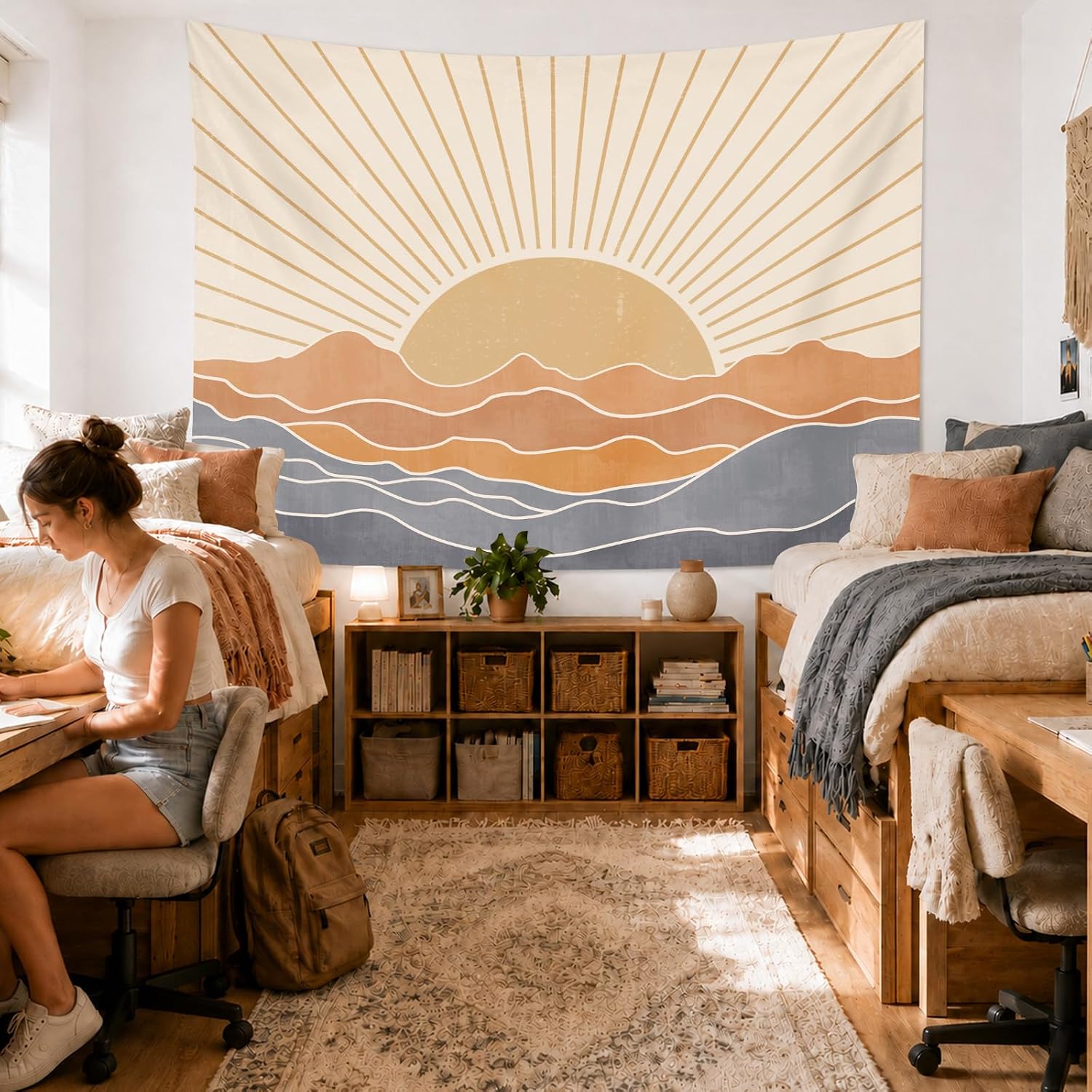 Sun Bohemian Wall Hanging Classroom Decor | Large Sunset Vintage 70s Tapestries Art Dorm Room Decor