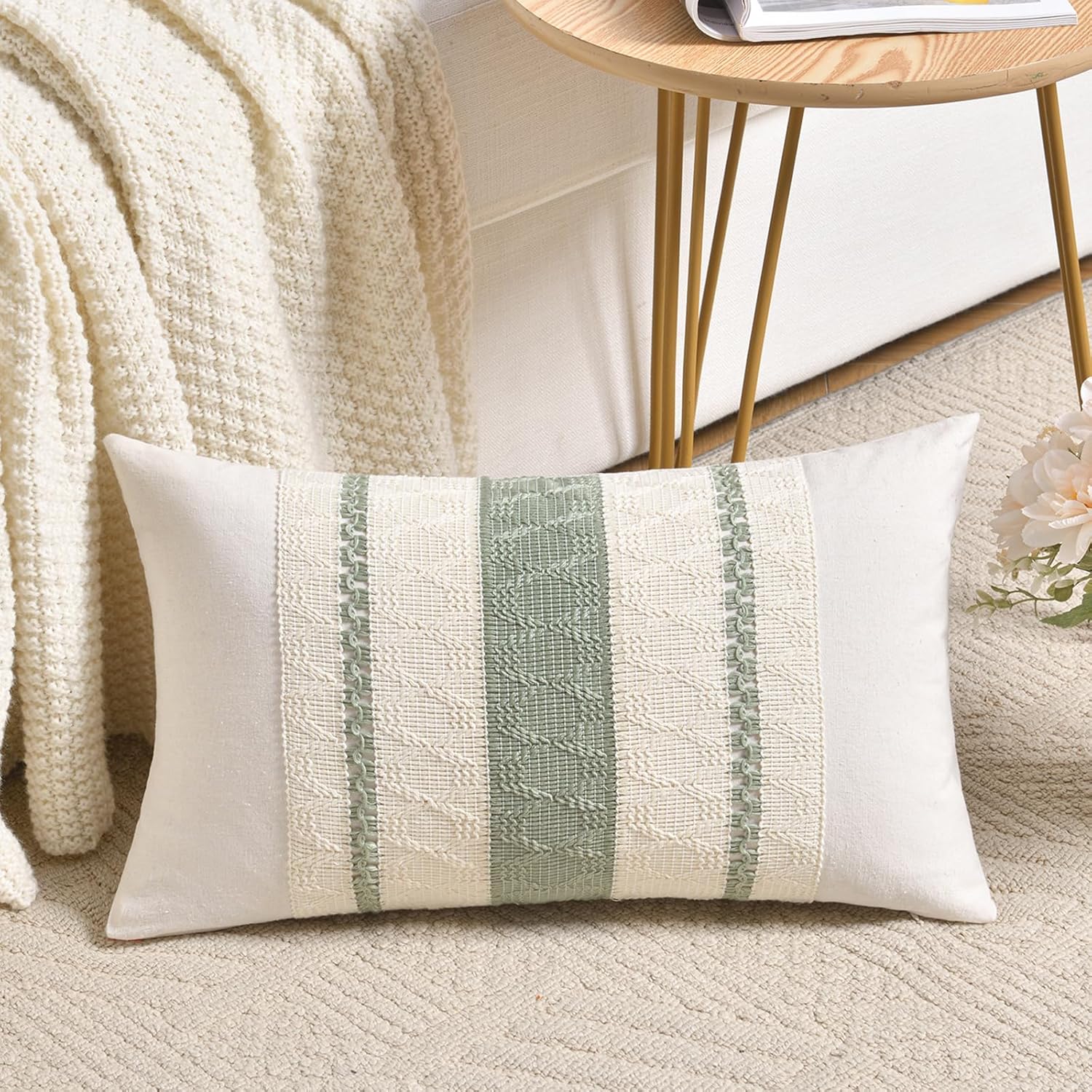Set of 1 Sage Green Boho Lumbar Decorative Throw Pillow Covers 12x20 Inch for Living Room Bedroom Couch Bed Chair