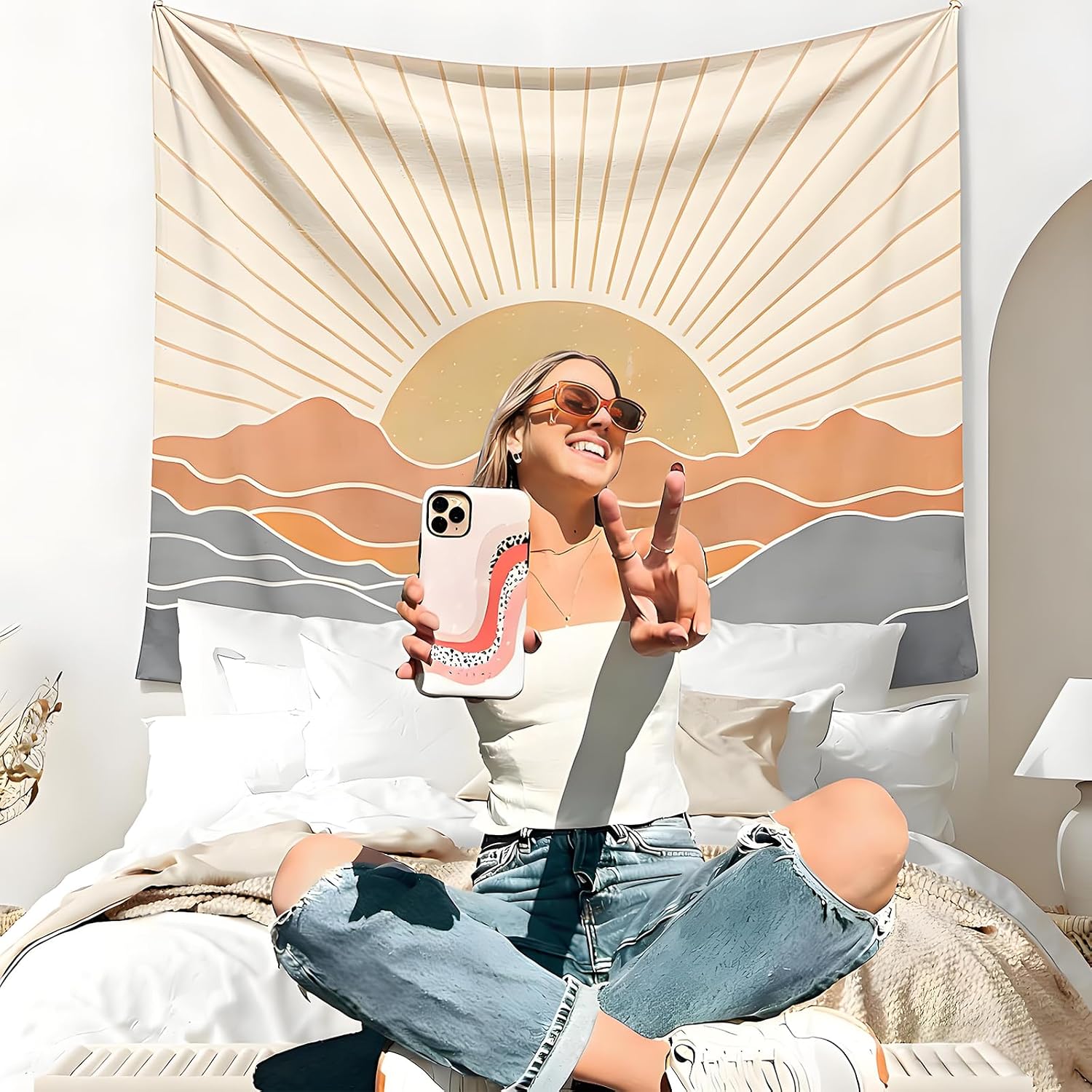 Sun Bohemian Wall Hanging Classroom Decor | Large Sunset Vintage 70s Tapestries Art Dorm Room Decor