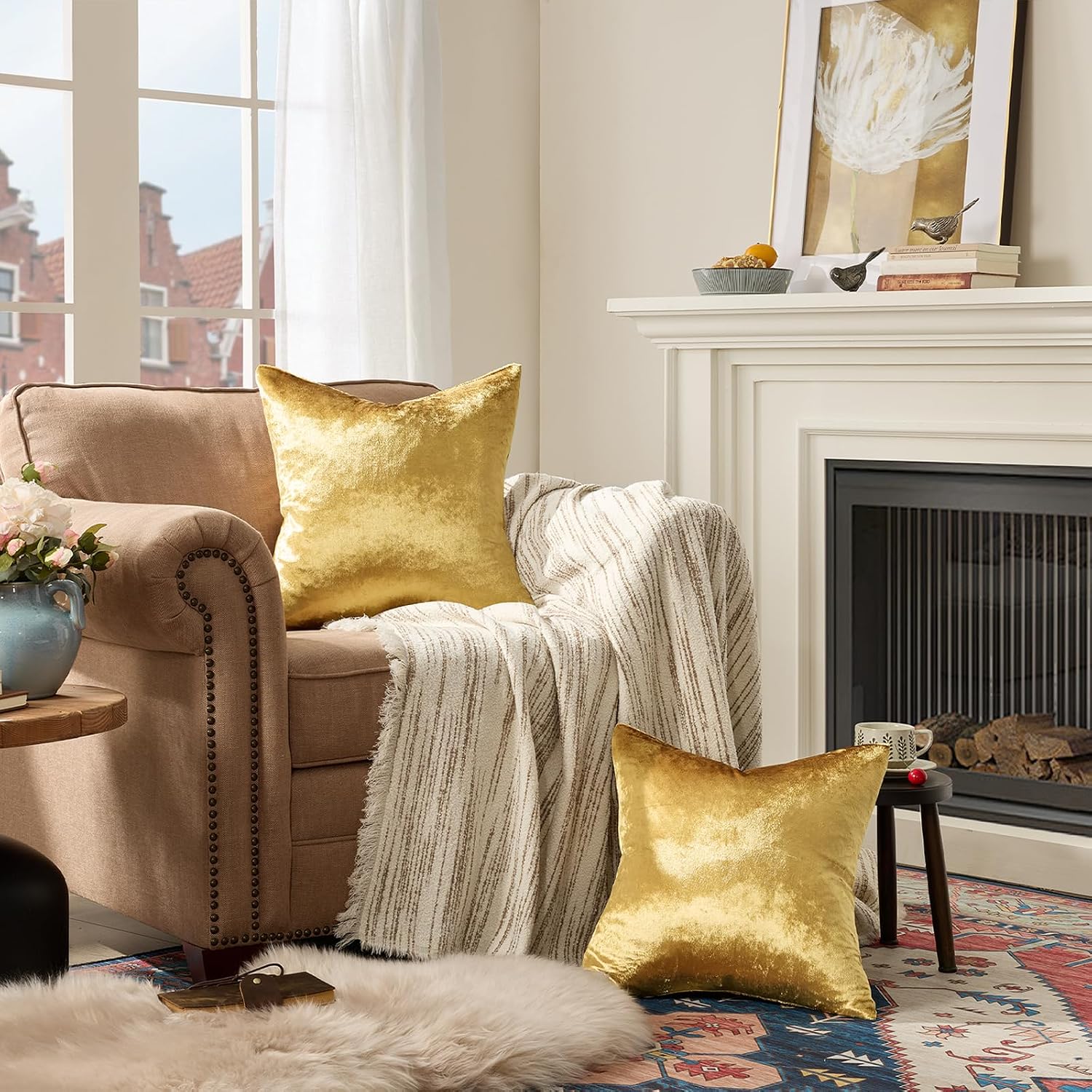 Gold Velvet Pillow Covers 18x18 Decorative Pillows Pack of 2 | Throw Pillows for Couch Sofa