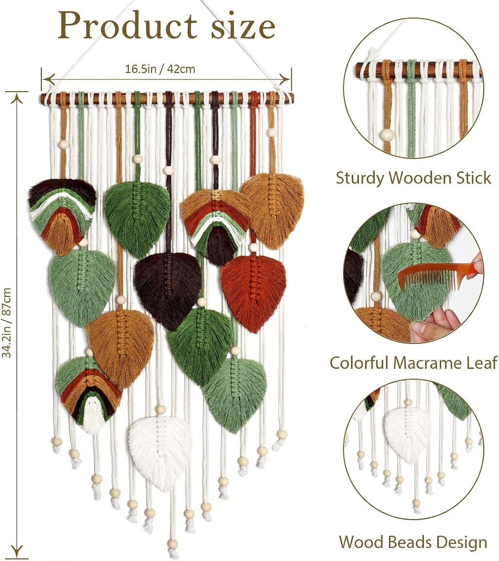 Macrame Wall Hanging Boho Woven Tapestry Macrame Wall Art Decor | Handmade Modern Bohemian Leaf Feather Tapestry Wall Art Decor for Bedroom