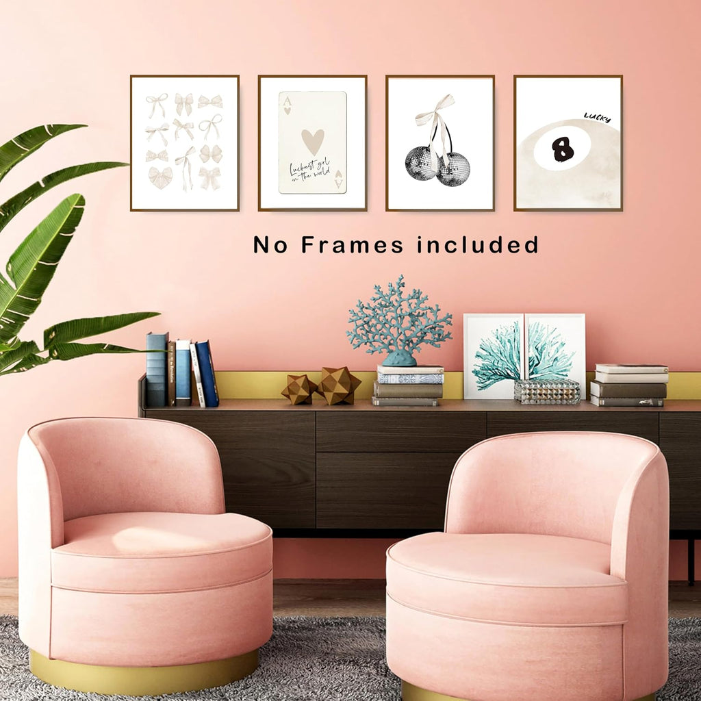 Beige Coquette Trendy Preppy Wall Art Prints Set of 4. Coquette Room Decor. Preppy Room Decor Aesthetic. Beige Bow Disco 8 Ball Cherry Wall Decor Posters for